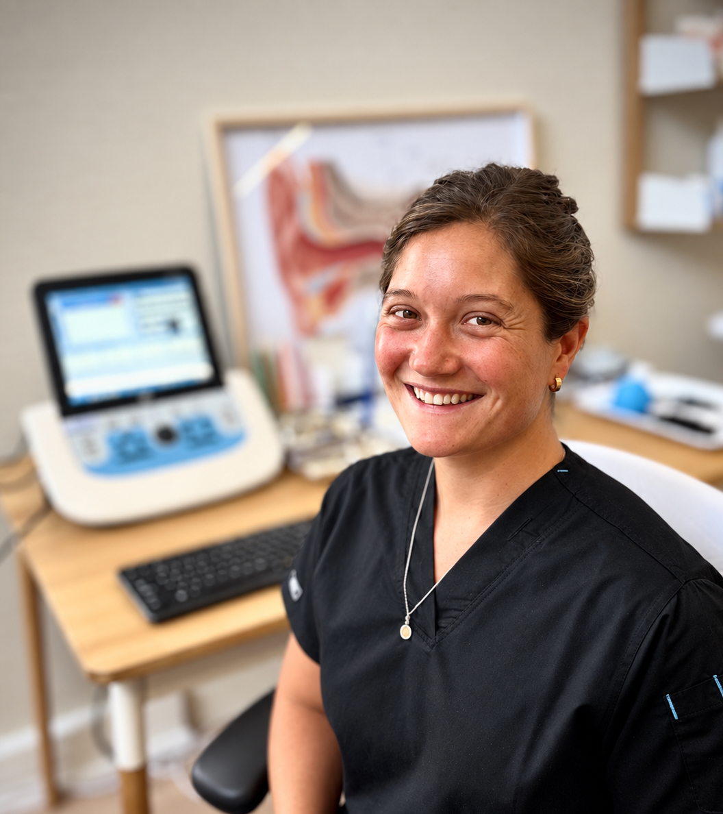 Megan Paton, audiologist, seated beside hearing-test equipment at the practice